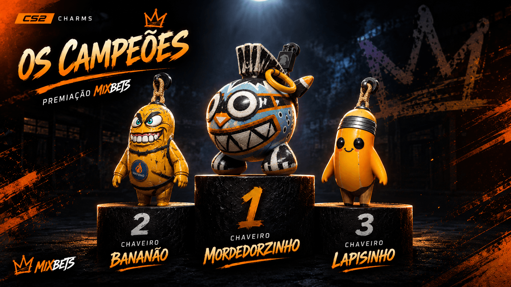 Chaveiros da premiação MixBets no pódio